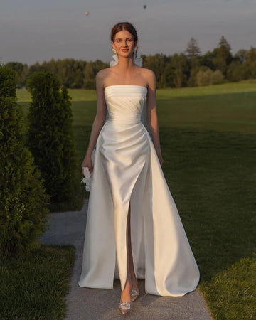 Mermaid Satin Wedding Gowns With Over Skirt Pleated Bride Wedding Party Bridal Gowns Women Slit Side Prom Dress Champagne