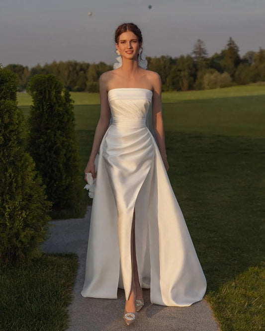 Mermaid Satin Wedding Gowns With Over Skirt Pleated Bride Wedding Party Bridal Gowns Women Slit Side Prom Dress Champagne