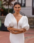 Simple Wedding Dresses Sheath Satin Bridal Gowns Short Puff Sleeves Robes For Formal Party V-Neck Elegant Vestidos De Novia