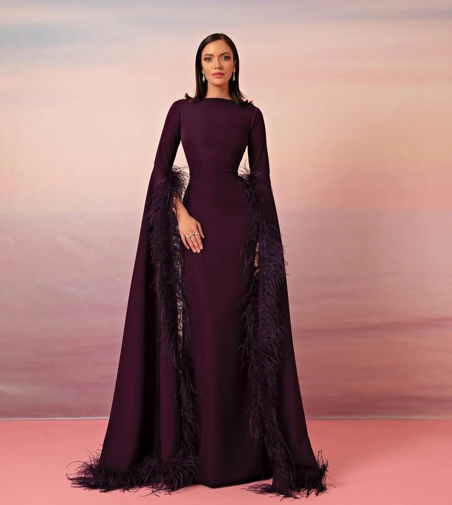 Mermaid Saudi Arabia Prom Party Gowns Long Slit Sleeves Formal Evening Dress Feather Prom Dresses Special Gowns