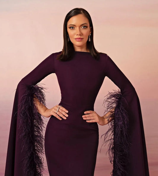 Mermaid Saudi Arabia Prom Party Gowns Long Slit Sleeves Formal Evening Dress Feather Prom Dresses Special Gowns