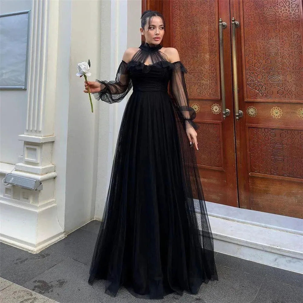 Mature Black Tulle Prom Dress Halter Off The Shoulder Long Sleeves Ruc