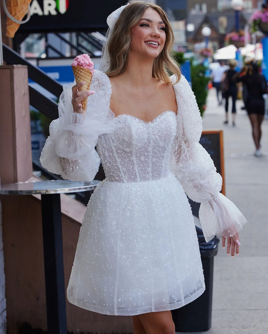 Princess Pearls 3D Flowers Short Wedding Dresses With Removable Puff Long Sleeves Sweetheart Bridal Gowns Boho Prom Dress