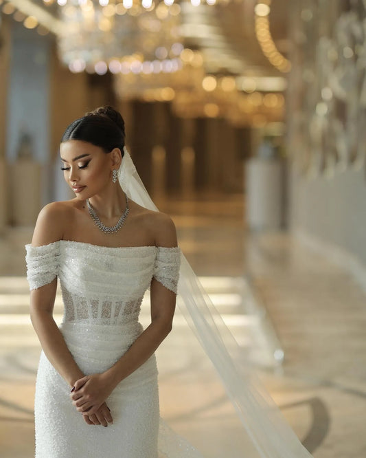 Elegant Mermaid Wedding Dresses Off The Shoulder Sequines Bridal Dress Boho Beach Wedding Prom Ball Gowns Customized