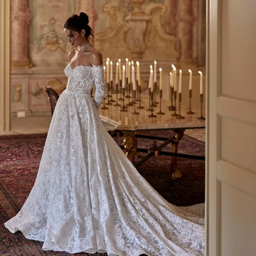 Women Princess Wedding Dresses Long Sleeves Lace Appliques Long Bridal Dress Formal Wedding Ball Prom Gowns Customized