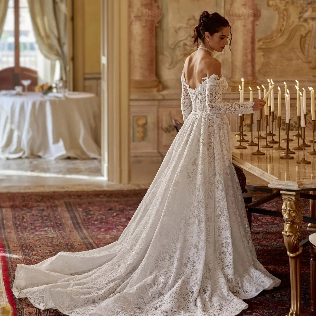 Women Princess Wedding Dresses Long Sleeves Lace Appliques Long Bridal Dress Formal Wedding Ball Prom Gowns Customized