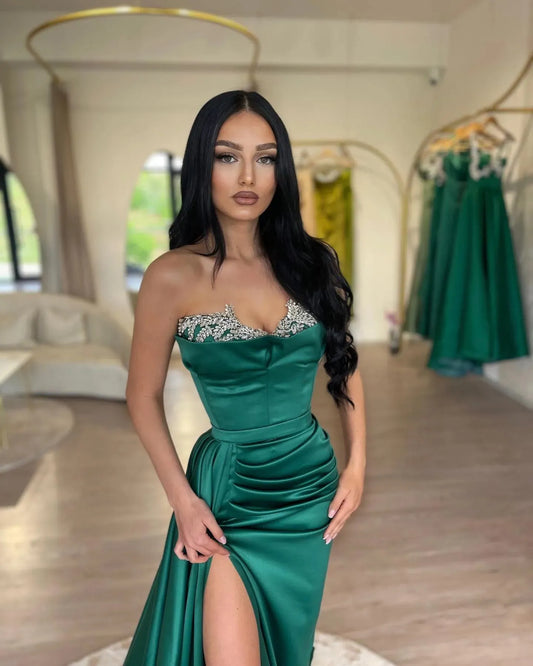 Green Satin robes de soirée Mermaid Prom Dresses Elegant Sleeveless Floor-Length Sexy Side High Split Wedding Dress