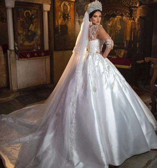 Elegant luxurious wedding dress simple sexy crew neck seven point sleeves fashion floor length elegant ladies bridal party dress