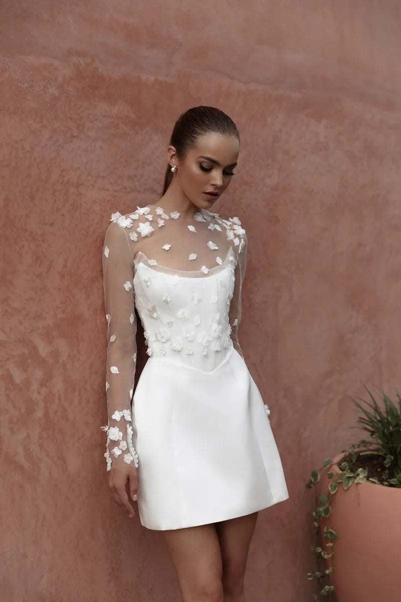 Classic A-Line Mini White Wedding Dress Satin Lace Long Sleeve 3D Flower Sexy Backless With Button Srapless Wedding Gown