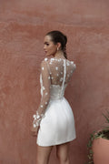 Classic A-Line Mini White Wedding Dress Satin Lace Long Sleeve 3D Flower Sexy Backless With Button Srapless Wedding Gown