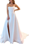 White Satin A Line Wedding Dresses Strapless Hight Split Long Wedding Party Gowns with Train Simple Bride Dress