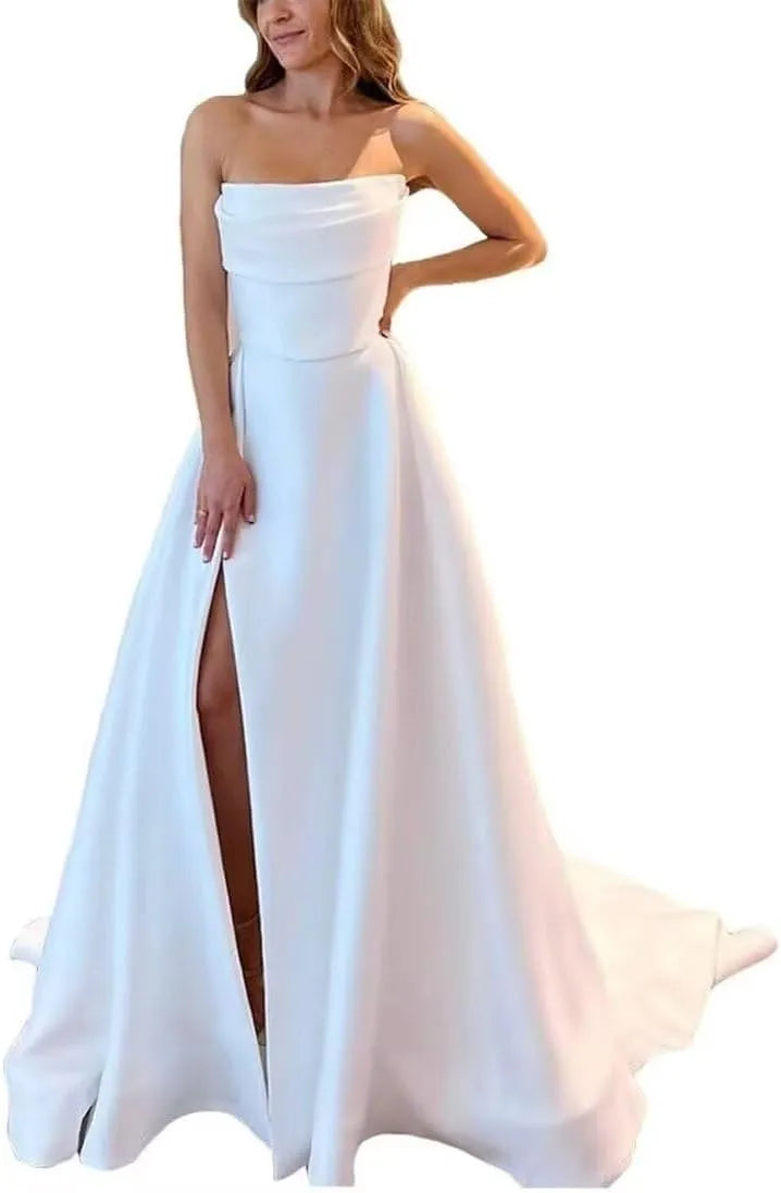 White Satin A Line Wedding Dresses Strapless Hight Split Long Wedding Party Gowns with Train Simple Bride Dress