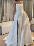 White Satin A Line Wedding Dresses Strapless Hight Split Long Wedding Party Gowns with Train Simple Bride Dress