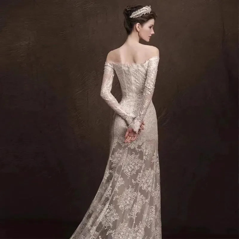 Fall In Love Dress Vintage Lace Wedding Dress Luxury Lace Appliques Off-Shoulder Long Sleeves Mermaid Women Bridal Gown Vestidos