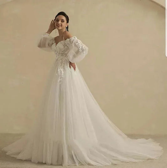 Sweetheart Glitter A Line Wedding Dress For Women Bride Detachable Full Sleeves Elegant Bridal Party Gown Luxury