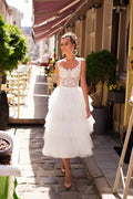 Summer Wedding Dress Lace Appliques Sleeveless A-Line Tulle Tiered Mid-Calf Short Dress Bridal Gown Boho Robe de mariée