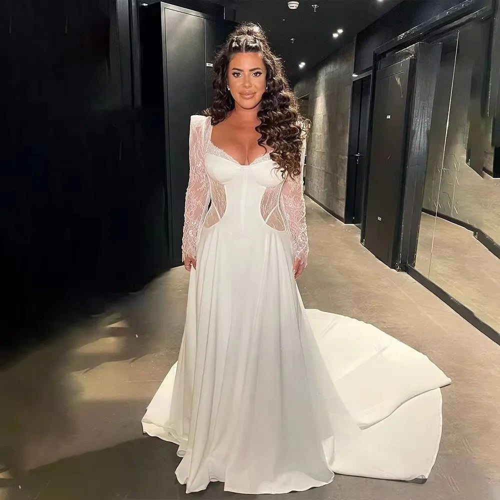 Koningin Lange Kanten Mouwen Trouwjurken Jurken Sweetheart Lange A-lij