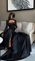 Noble Saudi Black Prom Dress A-Line Strapless Long Sleeves Sequined Floor Length Party Dresses vestidos de graduación