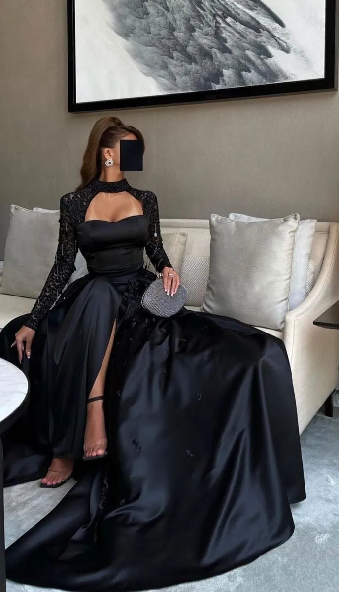 Noble Saudi Black Prom Dress A-Line Strapless Long Sleeves Sequined Floor Length Party Dresses vestidos de graduación