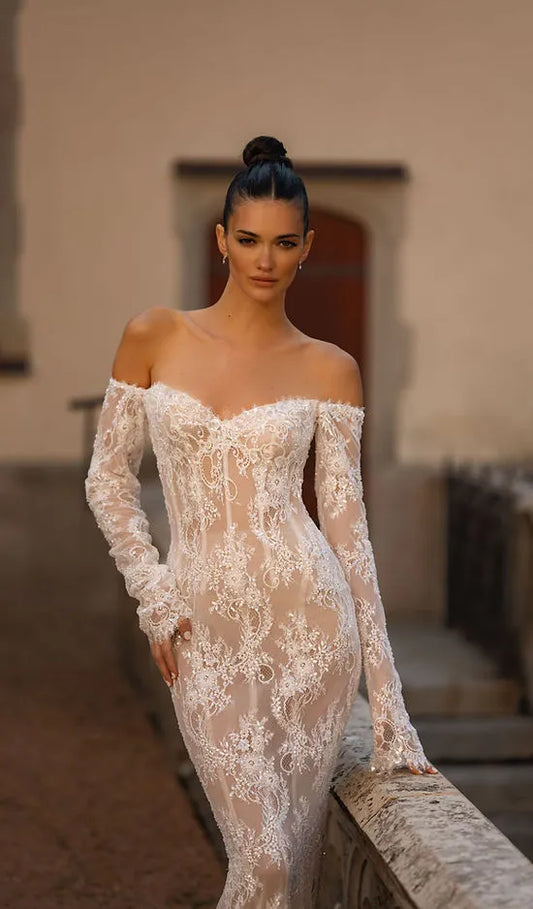 Charming Mermaid Lace Wedding Dresses With Long Sleeves Women Sweetheart Bride Dress Sexy Backless Off Shoulder Bridal Gowns As Picture