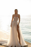 Sexy Sweetheart Wedding Dresses Detachable Sleeve Split Sparkle Beach 2 In 1 Bride Gowns Backless Train Robe De Mariée Champagne