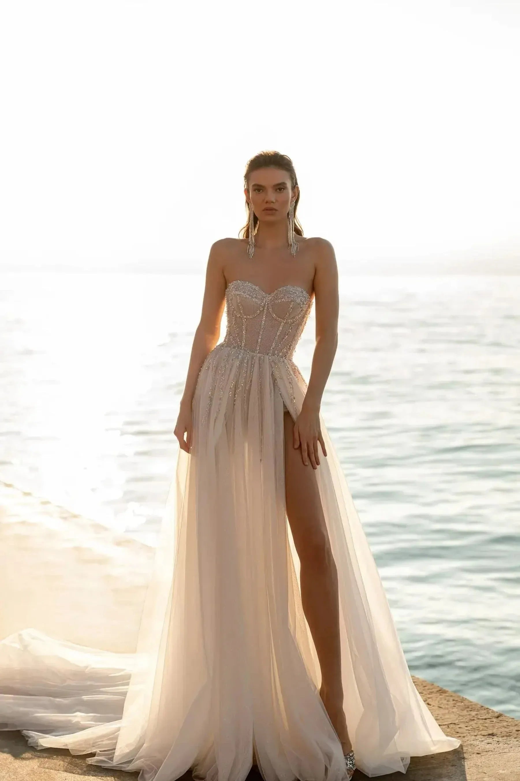Sexy Sweetheart Wedding Dresses Detachable Sleeve Split Sparkle Beach 2 In 1 Bride Gowns Backless Train Robe De Mariée Champagne