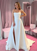 White Satin A Line Wedding Dresses Strapless Hight Split Long Wedding Party Gowns with Train Simple Bride Dress