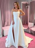 White Satin A Line Wedding Dresses Strapless Hight Split Long Wedding Party Gowns with Train Simple Bride Dress