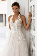 Boho A Line Halter Wedding Dress For Brides Vintage Lace Appliques Backless Tulle Bridal Dress Women Bridal Gowns
