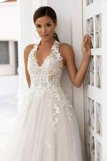 Boho A Line Halter Wedding Dress For Brides Vintage Lace Appliques Backless Tulle Bridal Dress Women Bridal Gowns Champagne