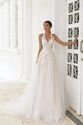 Boho A Line Halter Wedding Dress For Brides Vintage Lace Appliques Backless Tulle Bridal Dress Women Bridal Gowns Champagne