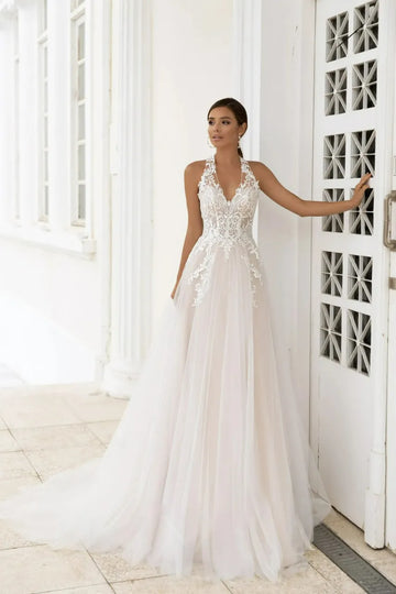 Boho A Line Halter Wedding Dress For Brides Vintage Lace Appliques Backless Tulle Bridal Dress Women Bridal Gowns Champagne