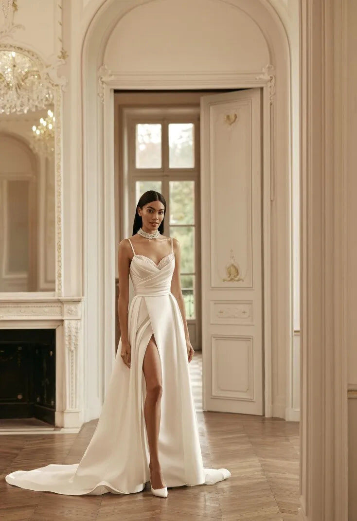 Elegant Mermaid Wedding Dresses Spaghetti Straps Pearls Bridal Gowns Boho Beach Evening Wedding Prom Gowns Custom Size