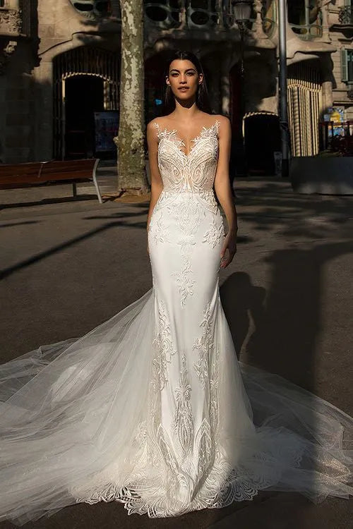 Lace Mermaid Wedding Dresses Sexy V neck Ivory Applique Bridal Gown Custom Made Tull Wedding dress Boho Vestido de noiva