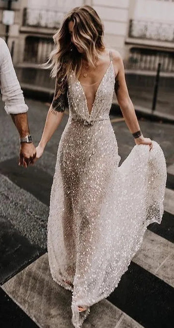 Glitter Backless Wedding Dresses Deep V-neck Shiny Robe De Mariée Formal Bride Be Vestido De Novia Sweep Train