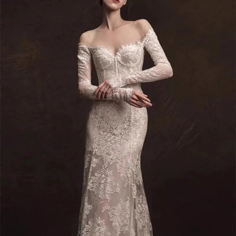 Fall In Love Dress Vintage Lace Wedding Dress Luxury Lace Appliques Off-Shoulder Long Sleeves Mermaid Women Bridal Gown Vestidos