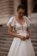 Short Sleeve Floral Lace Modern Mermaid Gown Bow Court Train Wedding Dress Satin Princess Vestido De Novia Dress