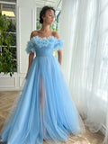 Blue Soft Tulle Prom Dress Off The Shoulder Pleat Ruched Floor Length Gown Homecoming Dresses Graduation Party