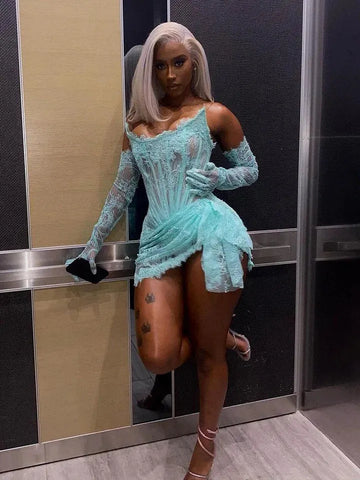 Romantic Lace Sexy Evening Dress Strapless Half Sleeves Summer Short Prom Gowns Saudi Arabia For Special Occasion Plus Size Blue