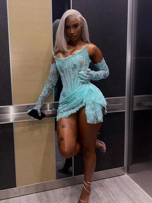 Romantic Lace Sexy Evening Dress Strapless Half Sleeves Summer Short Prom Gowns Saudi Arabia For Special Occasion Plus Size Blue