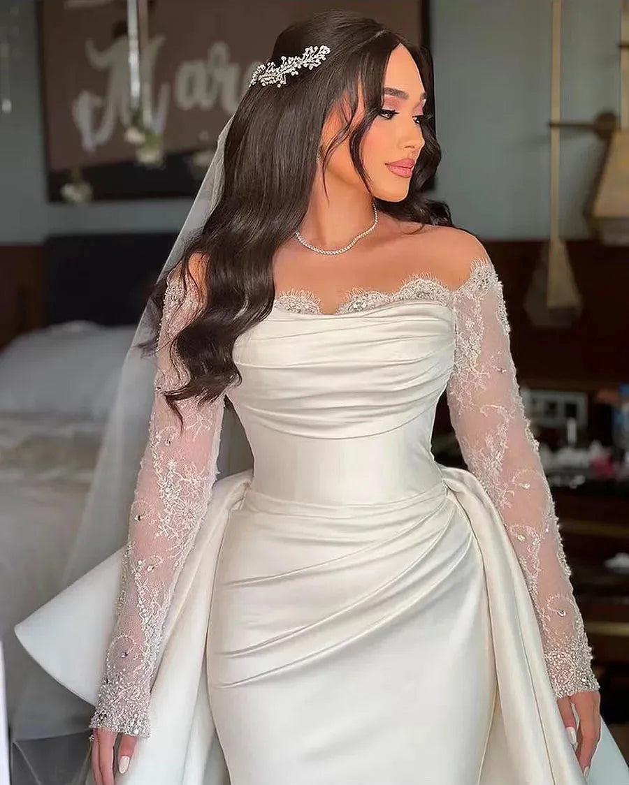 White Mermaid Wedding Dresses Formal Off The Shoulder Long Sleeve Bridal Dress Boho Beach Wedding Prom Gown Custom Size