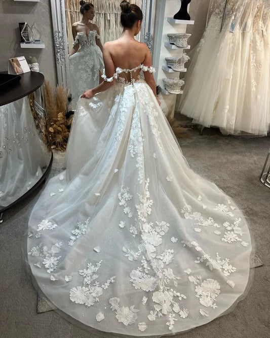 Ivory Lace Wedding Dresses Off The Shoulder Corset Bride Dress Elegant A Line Side Split Bride Wedding Gowns