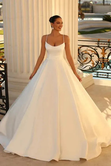 Elegant A Line Satin White Ivory Wedding Dresses Sexy Backless Spagehtti Straps Bridal Gowns Maternity Dress Vestidos De Novia As Picture