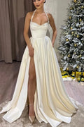 Elegant Ivory A-Line Prom Dress Spaghetti Strap Ruched High Slit Floor Length Princess Evening Dress vestido de gala