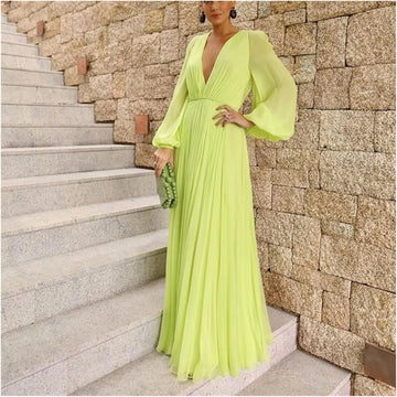 Lemon Yellow Long Puff Sleeves Prom Dresses Chiffon V-Neck Women Party Dress A Line Pleats Prom Gowns Event Dress