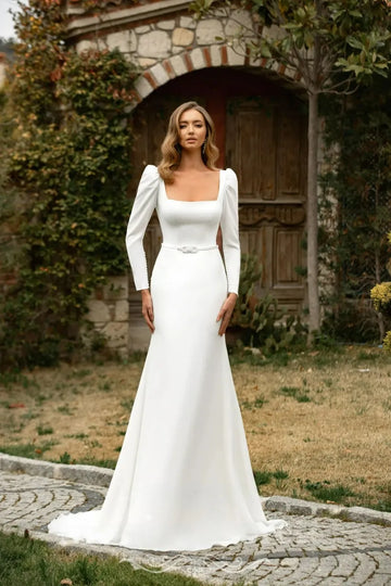 Modern Country Mermaid Wedding Dress With Belt Square Collar Long Sleeves Backless Elastic Satin Bridal Gown Dresses White