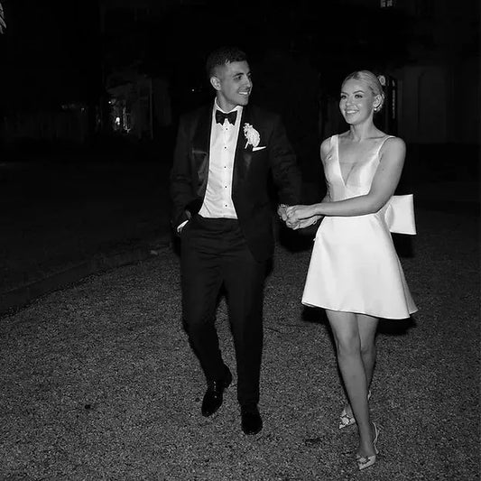 Sleeveless Satin Short Second Wedding Dress Big Bow V Neck Backless A line Bridal Gown Party Custom Made