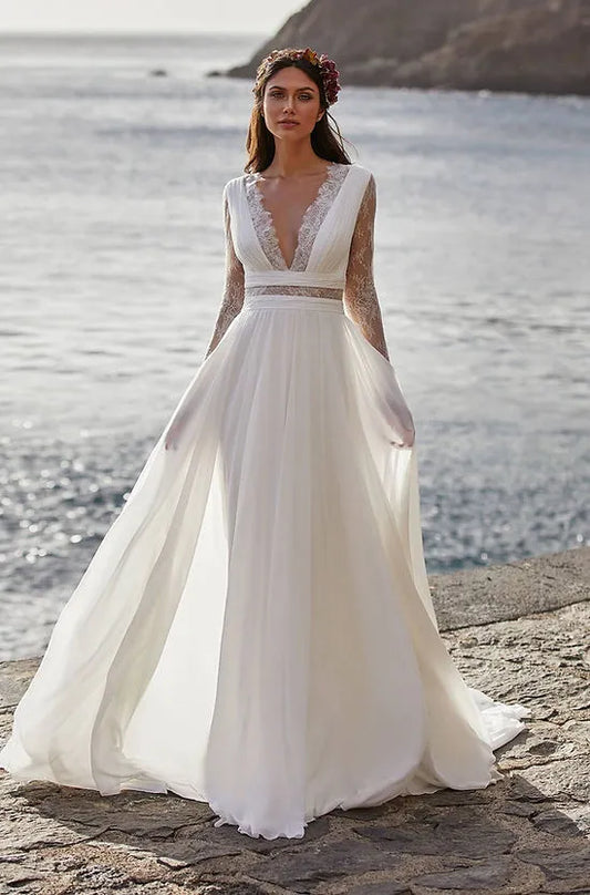 Bohemia Wedding Dresses A-Line V-Neck Bridal Gowns Long Sleeves Chiffon And Satin Robes For Formal Party Vestidos De Novia Custom Color
