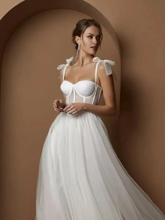 Short Wedding Dresses Modern Boning Spaghetti Strap A Line Tea Length White Bridal Gown vestido de noiva curto