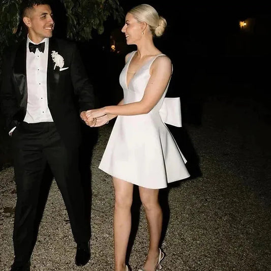 Sleeveless Satin Short Second Wedding Dress Big Bow V Neck Backless A line Bridal Gown Party Custom Made Ivory